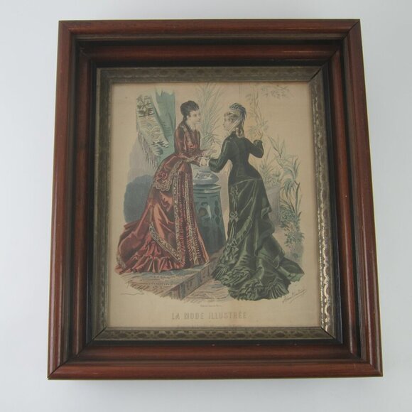 Antique Victorian Deep Picture Frame Wood Gilt La Mode Paris Print in Glass 16" - Picture 15 of 15